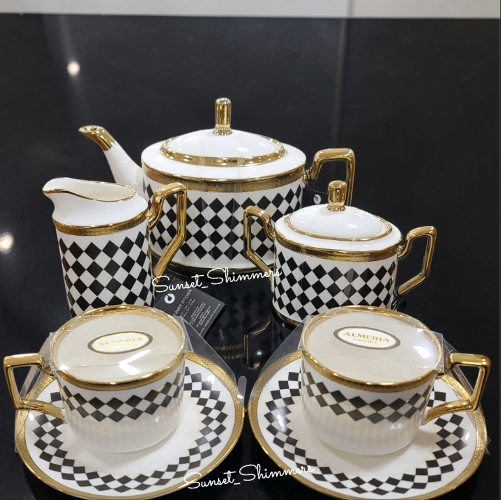 Mackenzie Style Black & White Harlaquin Teapot Sugar Creamer Cups & Saucers New